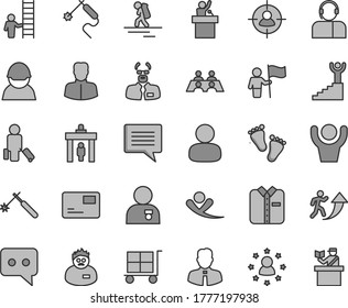 Thin line gray tint vector icon set - image of thought vector, cargo trolley, footprints, employee, pass card, operator, folded shirt, racer, welding, gas, woman, man, in sight, think, conversation