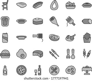 Thin line gray tint vector icon set - a chair for feeding child vector, plastic fork spoons, sausage, stick of, cheese, fried vegetables on sticks, pizza, mini hot dog, burger, spaghetti, noodles