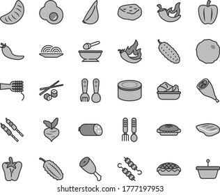 Thin line gray tint vector icon set - deep plate with a spoon vector, plastic fork spoons, iron, sausage, canned goods, onion, noodles, pie, apple, lettuce in, chicken thigh, grill leg, chop, chili