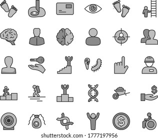 Thin line gray tint vector icon set - woman vector, women, footprints, children's tracks, workman, garden trolley, index finger, eye, pass card, lens, man, in sight, dollar, get a wage, dna, brain