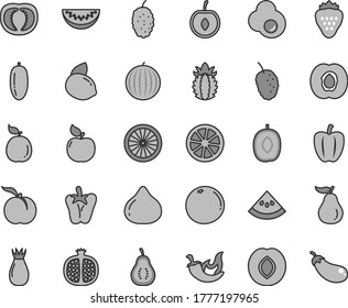 Thin line gray tint vector icon set - chili vector, peper, fried egg, strawberry, ripe peach, half apricot, pomegranate, plum, rose hip, fig, mulberry, tasty, water melon, delicious, slice, cherry
