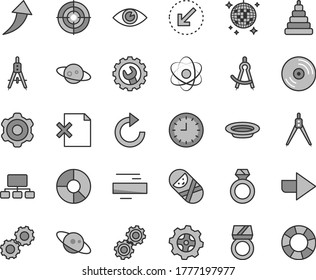 Thin line gray tint vector icon set - right direction vector, minus, clockwise, stacking toy, tumbler, cogwheel, gear, left bottom arrow, eye, CD, delete page, plate, Measuring compasses, scheme, up
