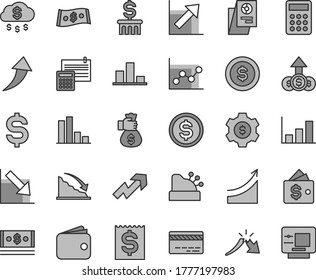 Thin line gray tint vector icon set - bank card vector, growth up, graph, chart, negative, calculation, bar, recession, a crisis, denomination of the dollar, financial item, wallet, cash, calculator