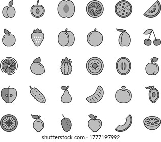 Thin line gray tint vector icon set - cucumber vector, strawberry, apple, pear, cherry, peach, pomegranate, quince, apricot, red, tasty, mulberry, slice of melon, water, half mango, loquat, juicy
