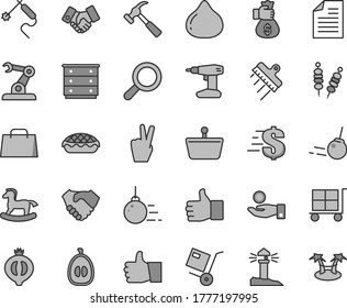 Thin line gray tint vector icon set - cargo trolley vector, scribbled paper, magnifier, dollar, chest of drawers, small rocking horse, big core, drill, spatula, hammer with claw, thumb up, shipment