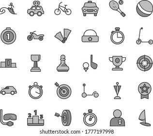 Thin line gray tint vector icon set - bath ball vector, motor vehicle present, Kick scooter, child, warm hat, timer, car, pedestal, retro, stopwatch, prize, gold cup, pawn, man with medal, pennant