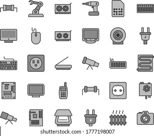 Thin line gray tint vector icon set - keyboard vector, cordless drill, power socket type f, heating coil, screen, lens, plug, electric, assembly robot, SIM, cast iron radiator, mobile phone, mouse