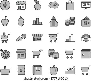 Juego de íconos vectores de tintes grises de línea delgada - vector de bolso, crecimiento, histograma negativo, carro, puesto, cruzado, bolsa con mangos, kiosco, monedas, pieza de carne, arándano, tamarillo, pimienta Campana, maduro, aceite