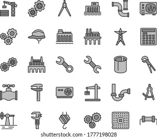 Thin line gray tint vector icon set - tower crane vector, hook, gears, adjustable wrench, sewerage, helmet, working oil derrick, valve, water pipes, hydroelectric station, hydroelectricity, calipers