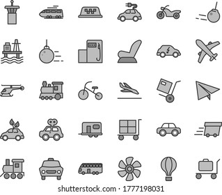 Thin line gray tint vector icon set - cargo trolley vector, paper airplane, car child seat, motor vehicle, present, baby toy train, tricycle, big core, shipment, sea port, marine propeller, electric