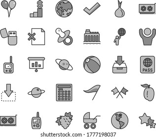 Thin line gray tint vector icon set - wind direction indicator vector, check mark, dummy, baby carriage, bath ball, toy phone, mobile, colored air balloons, passport, put in a box, delete page