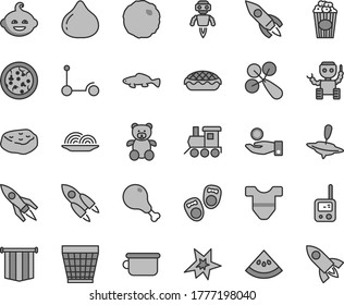 Thin line gray tint vector icon set - wicker pot vector, Child T shirt, baby rattle, toy phone, children's potty, teddy bear, funny hairdo, train, small yule, Kick scooter, shoes for little children