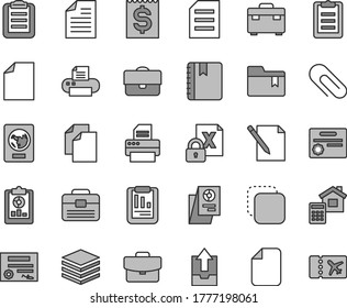 Thin line gray tint vector icon set - clip vector, clean sheet of paper, scribbled, upload archive data, folder bookmark, portfolio, suitcase, estimate, notebook, pile, notes, copy, overview, file