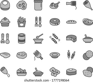 Thin line gray tint vector icon set - baby bib vector, plates and spoons, plastic fork, iron, cheese, loaf, tin, fried vegetables on sticks, spaghetti, noodles, muffin, cake with a hole, rice, milk