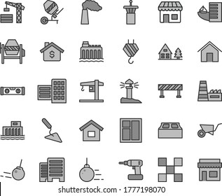 Thin Line Gray Tint Vector Icon Set - Crane Vector, Tower, Dwelling, Hook, Big Core, Building Trolley, Trowel, Concrete Mixer, Window, Cordless Drill, Level, Buildings, City Block, Tile, Road Fence