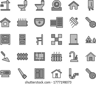 Thin line gray tint vector icon set - house vector, a chair for feeding, dwelling, building trowel, window, arm saw, sink, toilet, comfortable, siphon, lay out of flat, key, ntrance door, interroom