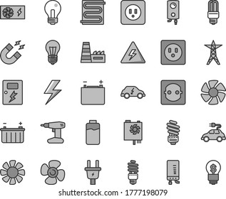 Thin line gray tint vector icon set - lightning vector, danger of electricity, incandescent lamp, drill, saving light bulb, power socket type b, dangers, heating coil, boiler, electronic, fan screw