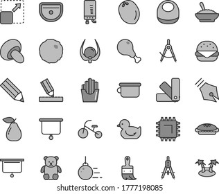 Thin line gray tint vector icon set - baby bib vector, duckling, children's potty, small teddy bear, tricycle, big core, color samples, wooden paint brush, sink, drawing, electronic boiler, burger