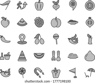 Thin line gray tint vector icon set - wind direction indicator vector, pennant, stacking toy, sand set, plastic fork spoons, onion, slices of, chili, peper, Chupa Chups, lollipop, strawberries, red