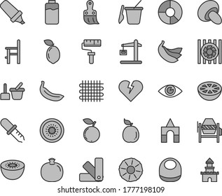 Thin line gray tint vector icon set - paint roller vector, baby bib, toy sand set, children's, a chair for feeding, box of bricks, concrete mixer, color samples, plastic brush, broken heart, eye