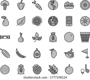 Thin line gray tint vector icon set - wicker pot vector, pennant, building level, lettuce in a plate, cabbage, strawberries, pear, water melon, mango, half loquat, tasty plum, of kiwi, slice lemon
