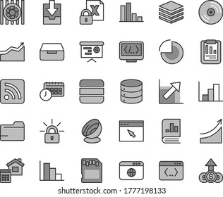 Thin line gray tint vector icon set - folder vector, rss feed, pie chart, growth, negative histogram, positive, download archive data, estimate, CD, big, pile, drawer, bar, statistical report, graph