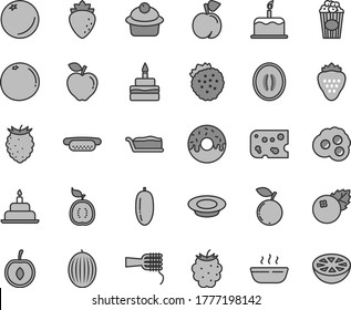 Thin line gray tint vector icon set - birthday cake vector, piece of cheese, mini hot dog, noodles, muffin, slice, glazed with a hole, porridge, plate milk, cup popcorn, omelette, blueberries, peach