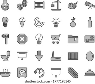 Thin line gray tint vector icon set - incandescent lamp vector, mark of injury, downward direction, folder bookmark, baby cot, shoes for little children, window frame, toilet, strongbox, Hot Dog