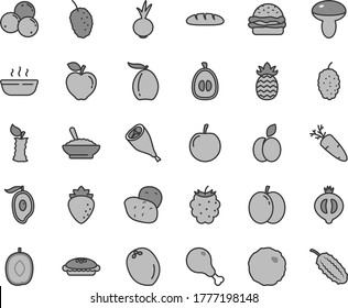 Juego de iconos vectoriales de tono gris de línea delgada - vector de pan, hamburguesa, seta, pastel, un tazón de avena de trigo sarraceno, caliente, pierna de pollo, parrilla, col, remolacha, zanahoria, manzana, rojo, frambuesa, media medallera, morera