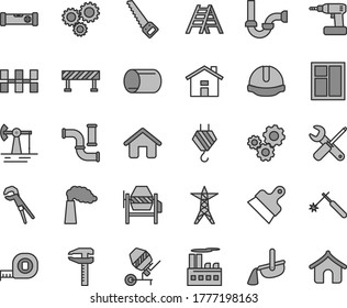 Thin line gray tint vector icon set - house vector, hook, concrete mixer, window, small tools, adjustable wrench, cordless drill, arm saw, measuring tape, ladder, sewerage, construction level, pipe