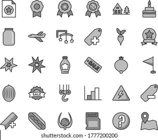 Thin line gray tint vector icon set - danger of electricity vector, add bookmark, label, remove, pennant, negative histogram, question, toys over the cot, winch hook, Hot Dog, birthday cake, bottle