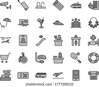Thin line gray tint vector icon set - train vector, camper, bus, escalator, identity card, security gate, passort control, plane ticket, phone registration, rolling case, departure, hotel, beach