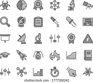 Thin line gray tint vector icon set - microscope vector, telescope, molecule, electricity, zoom, brain, settings, bactery, book, biohazard, pipette, globe, flame, graduate hat, clipboard, medal