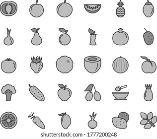 Thin line gray tint vector icon set - deep plate with a spoon vector, cabbage, cucumber, beet, carrot, pineapple, pear, ripe peach, pomegranate, red apple, strawberry, rose hip, cornels, blueberry