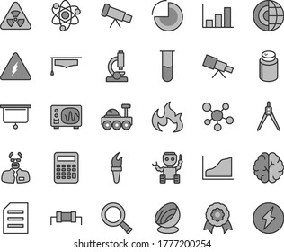 Thin line gray tint vector icon set - pie chart vector, powder, file, test tube, microscope, telescope, molecule, electricity, atom, nuclear, zoom, brain, oscilloscope, flame, scientist, calculator