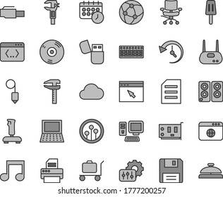 Thin line gray tint vector icon set - plummet vector, popsicle, calipers, caliper, computer, notebook pc, keyboard, card, router, cd, printer, usb flash, speaker, network, browser, floppy, coding
