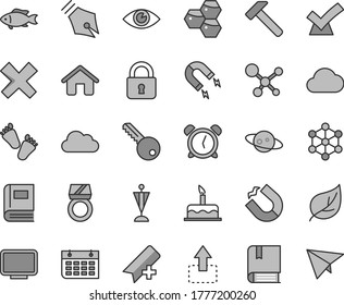 Thin line gray tint vector icon set - alarm clock vector, add bookmark, cross, children's tracks, cake, e, house, key, hammer, lock, eye, move up, fish, honeycombs, leaf, magnet, horseshoe, monitor