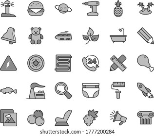 Thin line gray tint vector icon set - paint roller vector, bell, nappy, car child seat, small teddy bear, drill, bath, writing accessories, heating coil, picture, 24, big burger, chicken leg, fish