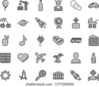 Thin line gray tint vector icon set - heart symbol vector, clip, woman, chest of drawers, baby carriage, balloon, tower crane, hook, hedge, key, globe, planet, piece cake, coffee beans, liquor, note
