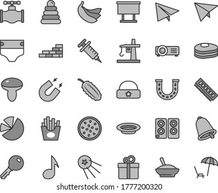 Thin line gray tint vector icon set - paper airplane vector, diaper, stacking rings, warm hat, brick wall, bell, key, gift, mushroom, a bowl of buckwheat porridge, plate, French fries, pancakes