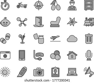 Thin line gray tint vector icon set - laptop vector, camera, bedside table, Baby chair, funny hairdo, children's train, child shoes, builder, knife, microphone, smartphone, cornels, blueberries, sun