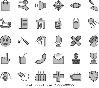 Thin line gray tint vector icon set - plus vector, powder, toy mobile phone, packing of juice with a straw, rocking horse, trowel, shower, writing accessories, radiator, received letter, microphone