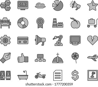 Thin line gray tint vector icon set - concrete mixer vector, bath, star, broken heart, megaphone, onion, lollipop, honeycombs, ripe peach, thermal power plant, robot welder, scheme, ring diagram