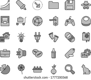 Thin line gray tint vector icon set - floppy disk vector, briefcase, hat with glasses, remove label, archive, measuring bottle for feeding, baby bib, tumbler, footprints, door knob, estimate, beet