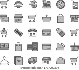 Thin line gray tint vector icon set - paper bag vector, grocery basket, bank card, dollar, e, city block, cart, put in, with handles, cards, kiosk, hanger, label, stall, shopping, reverse side of a