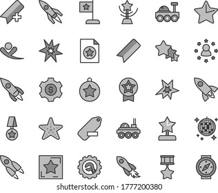 Thin line gray tint vector icon set - add bookmark vector, remove label, star gear, rocket, space, lunar rover, bang, cup, reward, medal, flag, hero, certificate, dollar, stars around man, three