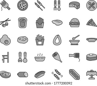 Juego de iconos vectoriales de tono gris claro - vectores de placas y cucharas, una silla para alimentación, tenedor de plástico, hierro, salchicha, bastón de, queso, pizza, pieza, Perro caliente, mini, hamburguesa, espagueti, fideos, avena
