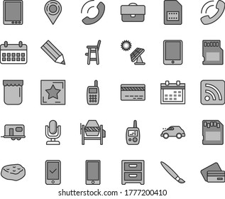 Thin line gray tint vector icon set - tassel vector, desktop microphone, calendar, bank card, rss feed, toy mobile phone, a chair for feeding child, concrete mixer, smartphone, nightstand, call, jam
