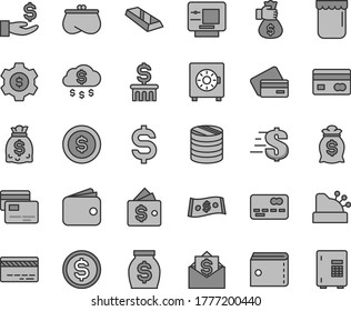 Thin line gray tint vector icon set - bank card vector, purse, dollar, strongbox, cards, jam, reverse side of a, front the, column coins, denomination, get wage, wallet, money, dollars, cashbox, atm