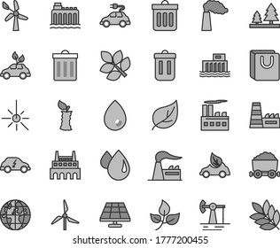 Thin line gray tint vector icon set - bin vector, dust, drop, bag with handles, apple stub, solar panel, working oil derrick, leaves, leaf, windmill, wind energy, manufacture, factory, forest, trash